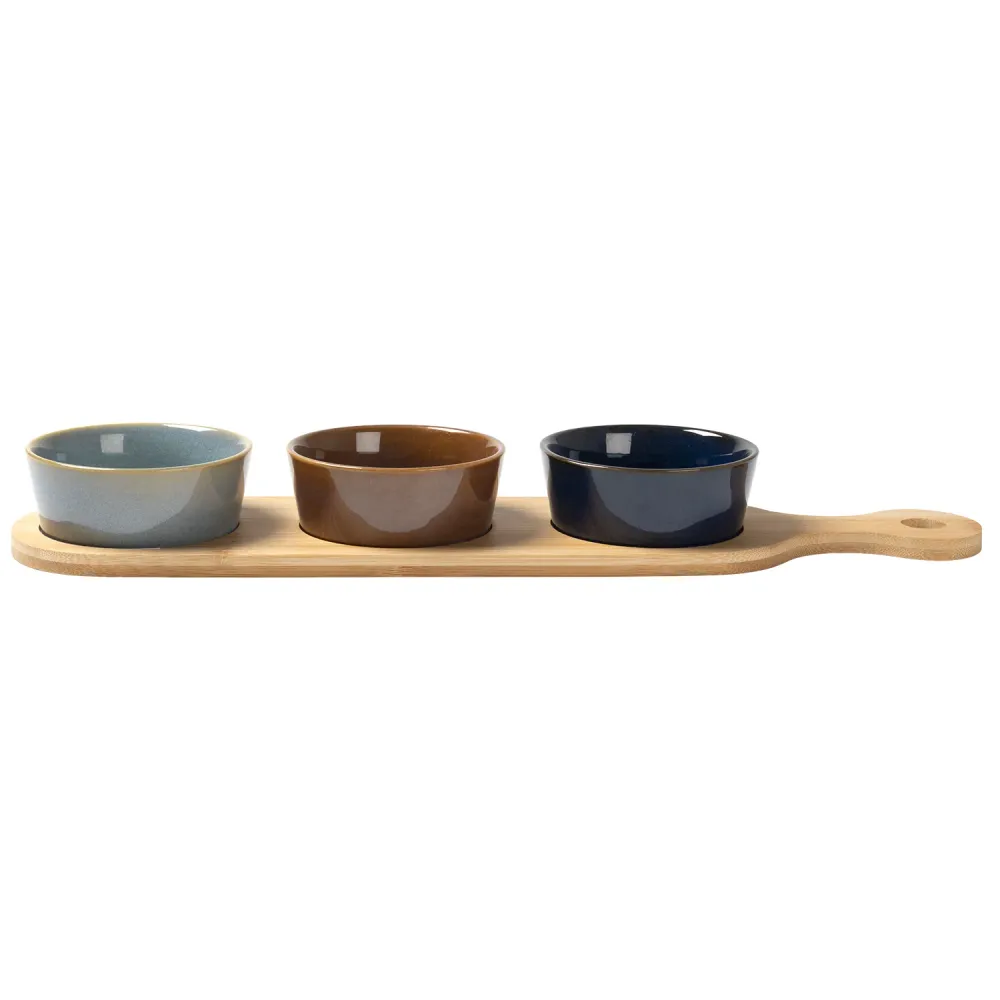 GUSTO CASA - Antipastiera con 3 Ciotole Ceramica e Base Bamboo Linea Reactive 43x11 cm