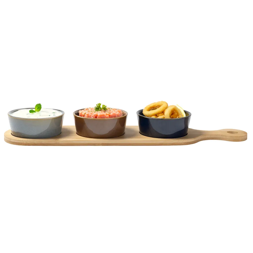 GUSTO CASA - Antipastiera con 3 Ciotole Ceramica e Base Bamboo Linea Reactive 43x11 cm