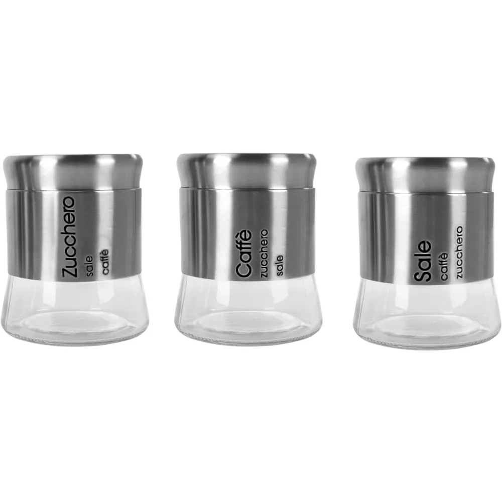 GUSTO CASA - Barattoli vetro e acciaio inox set da 3 pezzi - h14cm x diametro 11,5 cm