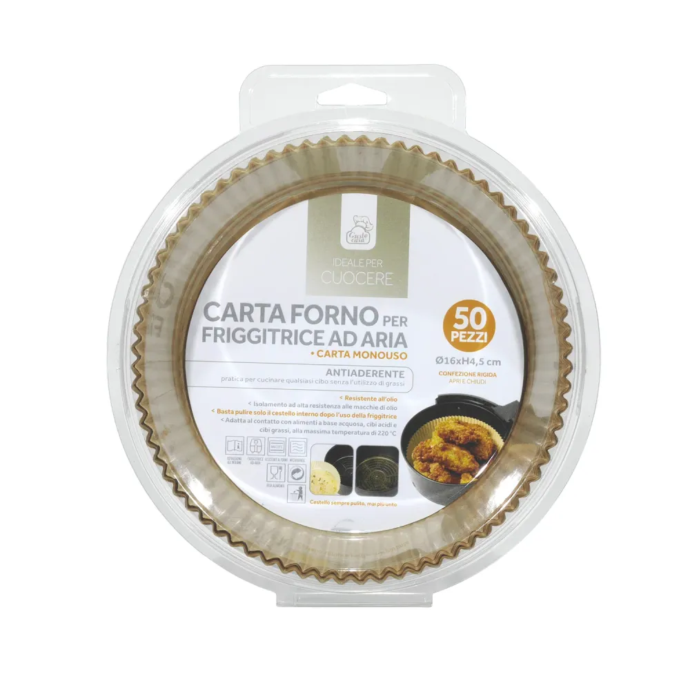 GUSTO CASA - Carta Forno Per Friggitrice ad Aria 50 pezzi - h4,5 cm diametro 16 cm