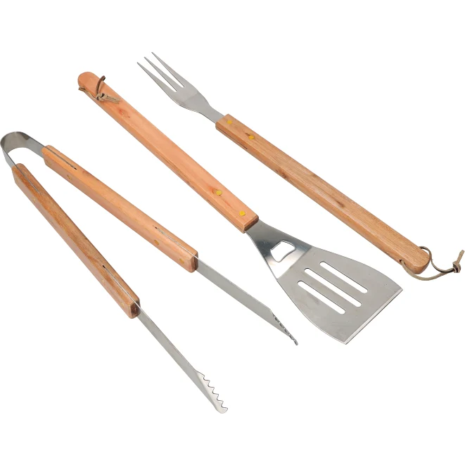 GUSTO CASA - Set BBQ 3 pezzi Utensili Barbecue acciaio inox e manico allungato legno