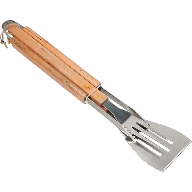 GUSTO CASA - Set BBQ 3 pezzi Utensili Barbecue acciaio inox e manico allungato legno