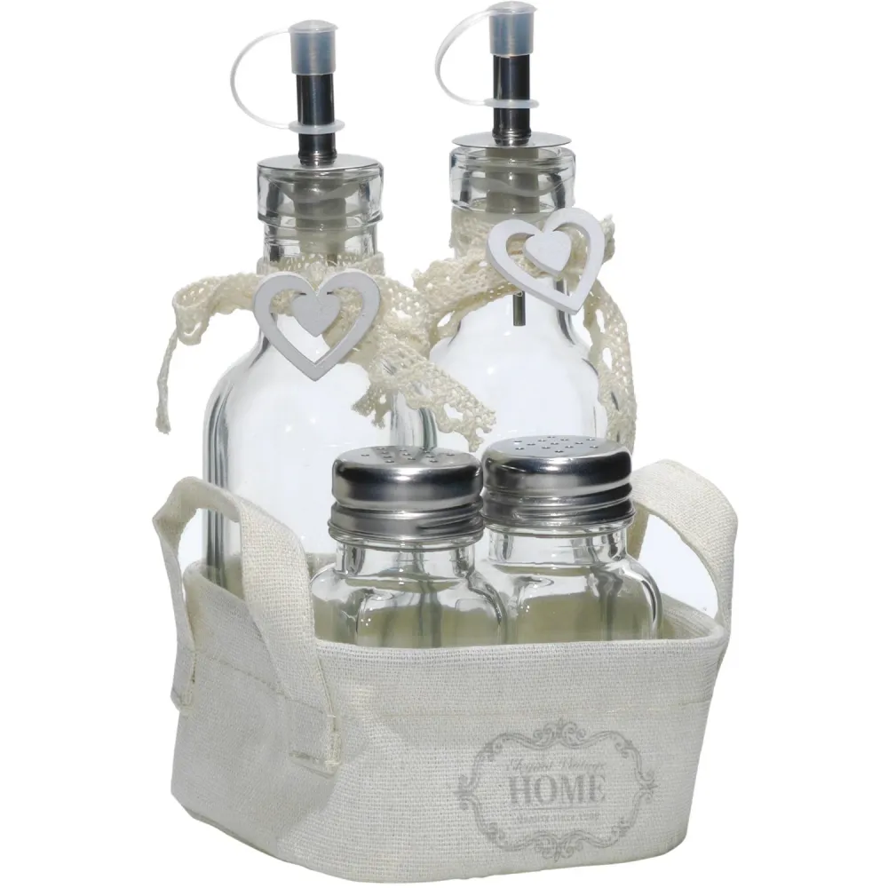 GUSTO CASA - Set Menage 4 pezzi Oliera, Sale e Pepe vetro con cestino shabby chic