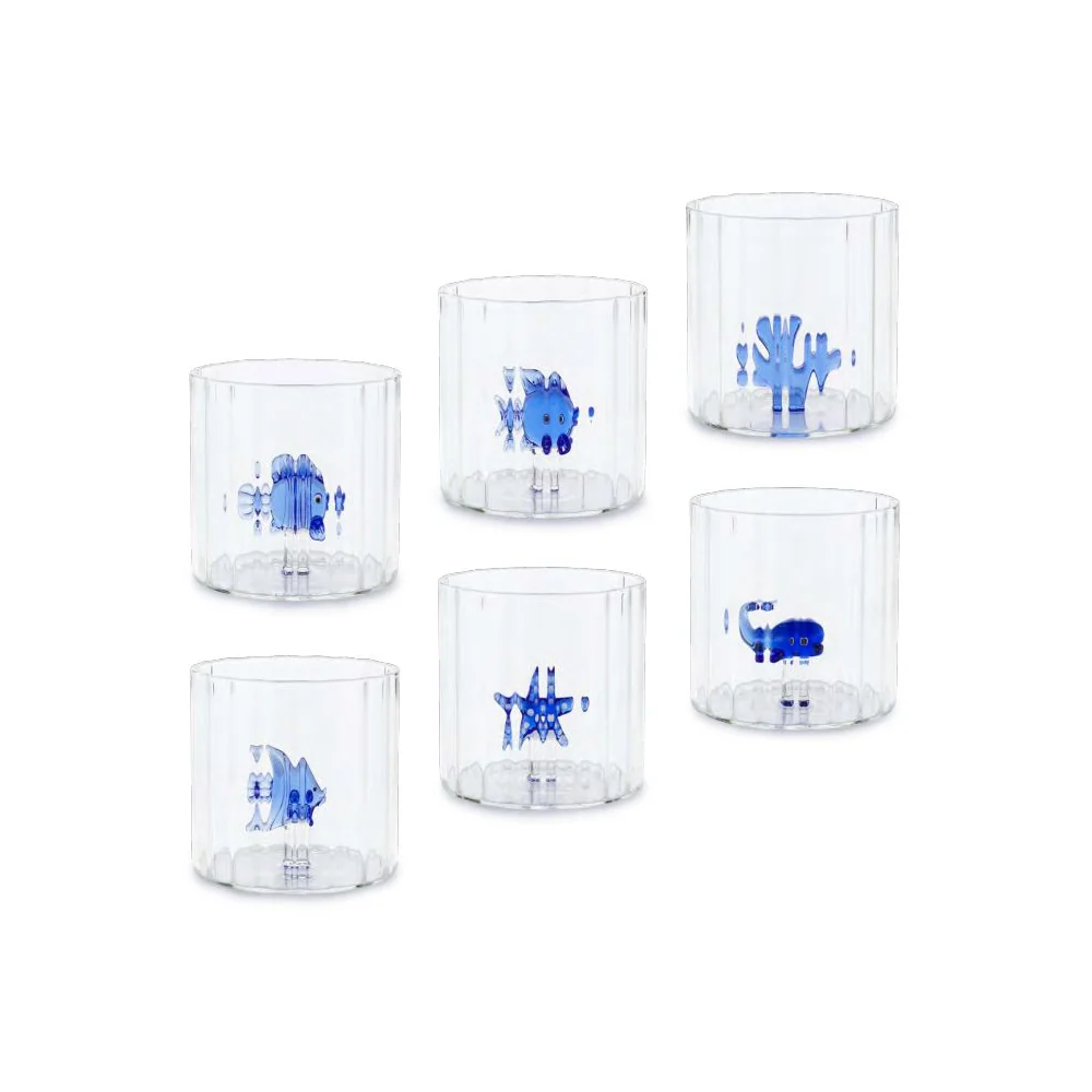 Henriette Set 6 Bicchieri acqua ondulati vetro con pesciolini "Treasure" 300 ml