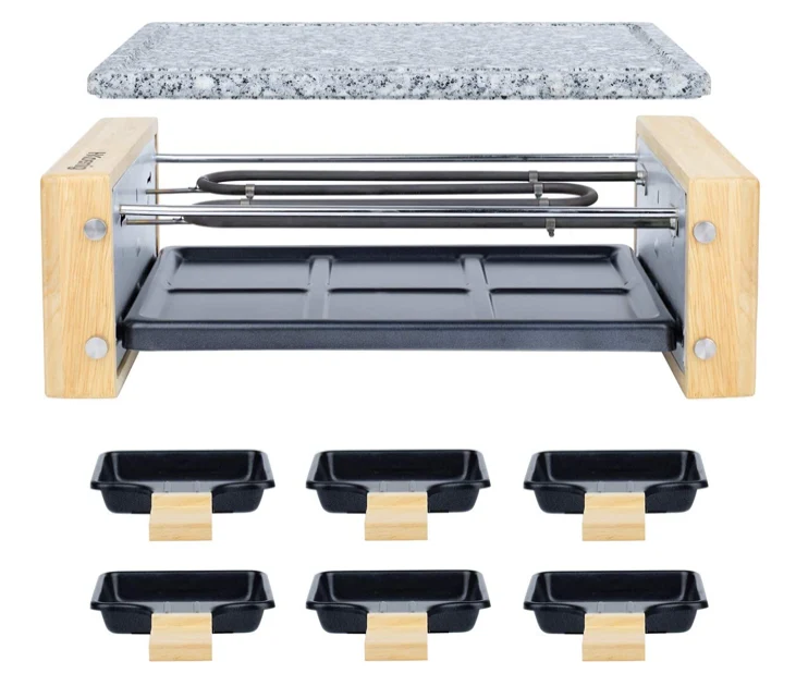 Ⓜ️🔵🔵🔵 H.Koenig WOD6 - Grill e Raclette per 6 persone, 2 1, materiali di alta qualità LEGNO e GRANITO