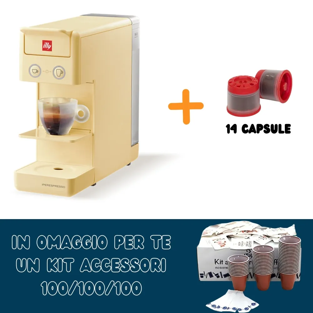 Illy Macchina Iperespresso Capsule Y3.3 Gialla + Kit Accessori 100 Palettine/bicchierini/zucchero
