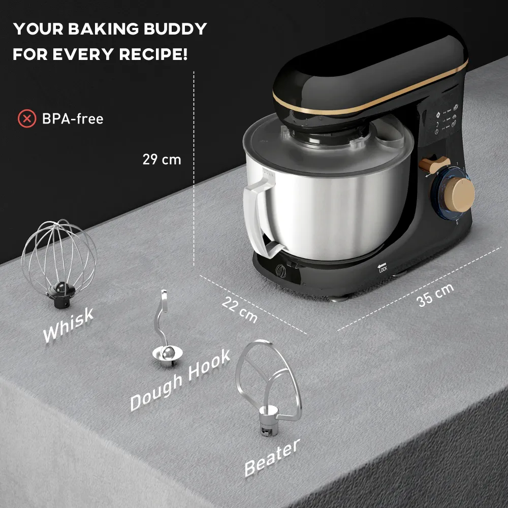 Impastatrice Planetaria da 4.5L 6 Velocità 35x22x29 cm Ciotola Acciaio Inox Nero
