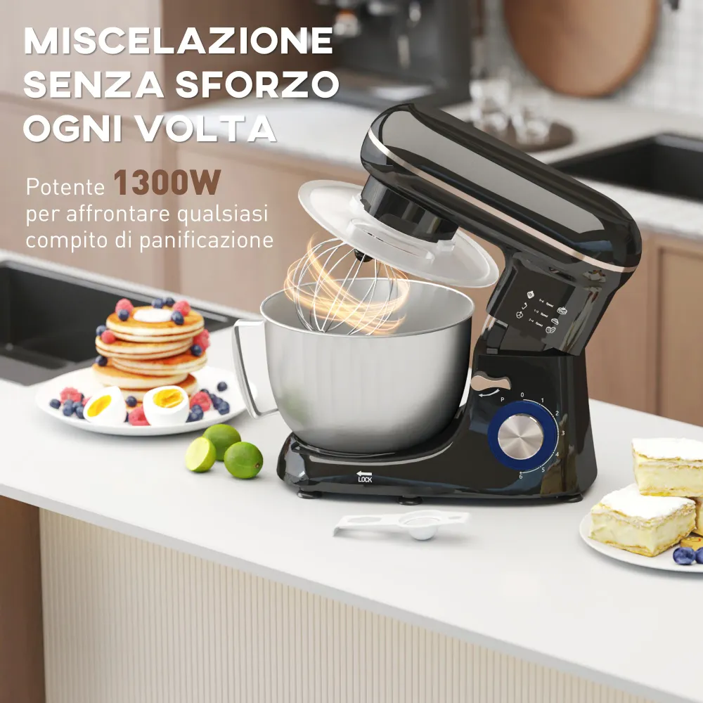 Impastatrice Planetaria da 4.5L 6 Velocità 35x22x29 cm Ciotola Acciaio Inox Nero