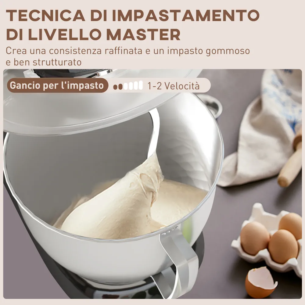 Impastatrice Planetaria da 4.5L 6 Velocità 35x22x29 cm Ciotola Acciaio Inox Nero