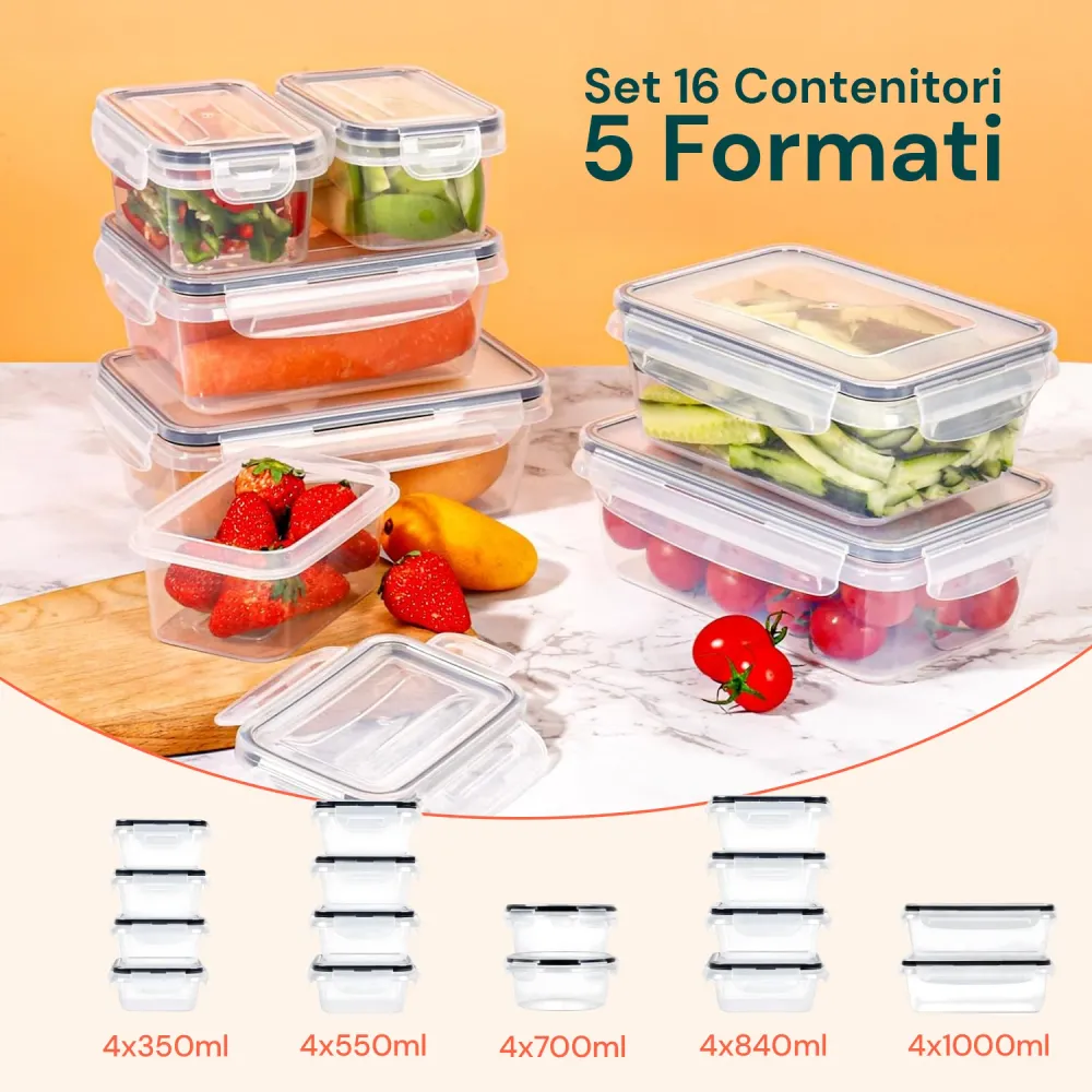 Kit 16 Contenitori Alimentari per Frigo e Dispensa– Chiusura Scatto Sicura