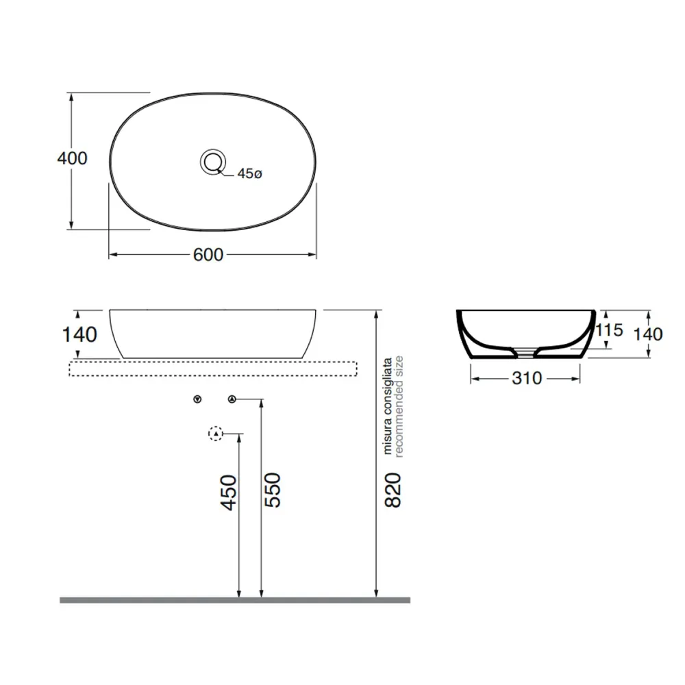 Lavabo da Appoggio modello Elegance 60x40 Ceramica Azzurra con bordo sottile