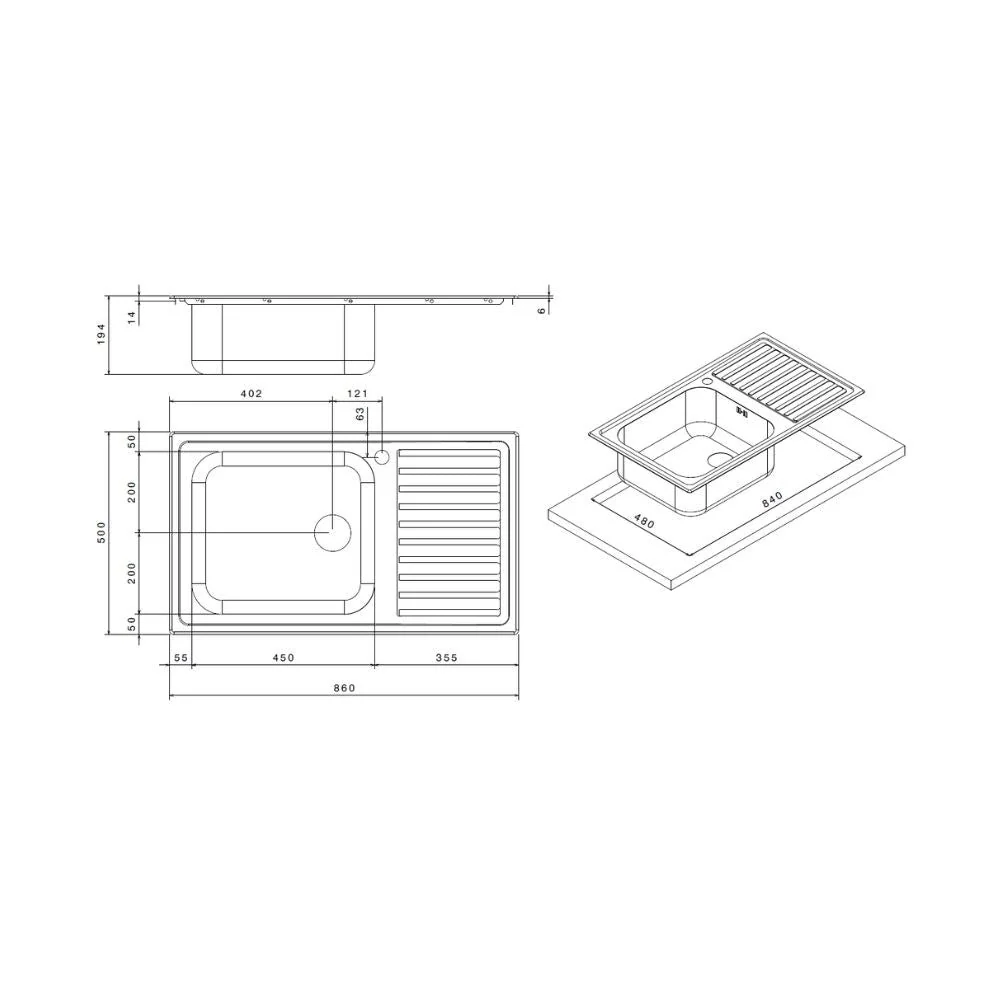 Lavello 86x50 cm destro