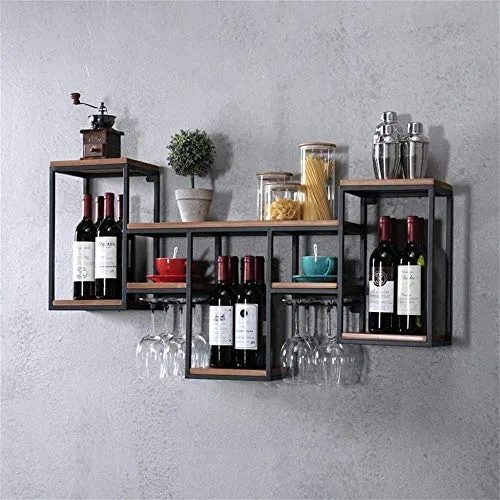 LHQ-HQ cremagliera del Vino della Parete Ferro battuto Bar |Supporto di Vetro di Vino di Legno |Stand Vino |Portabicchieri...