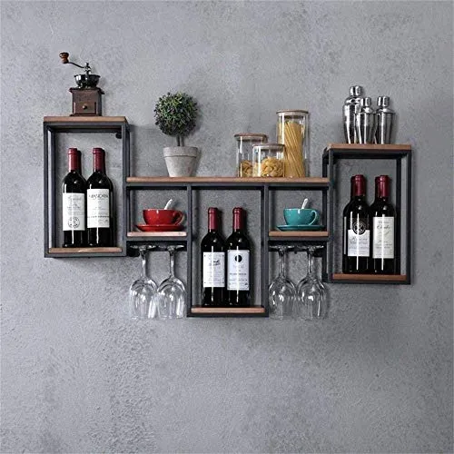 LHQ-HQ cremagliera del Vino della Parete Ferro battuto Bar |Supporto di Vetro di Vino di Legno |Stand Vino |Portabicchieri...