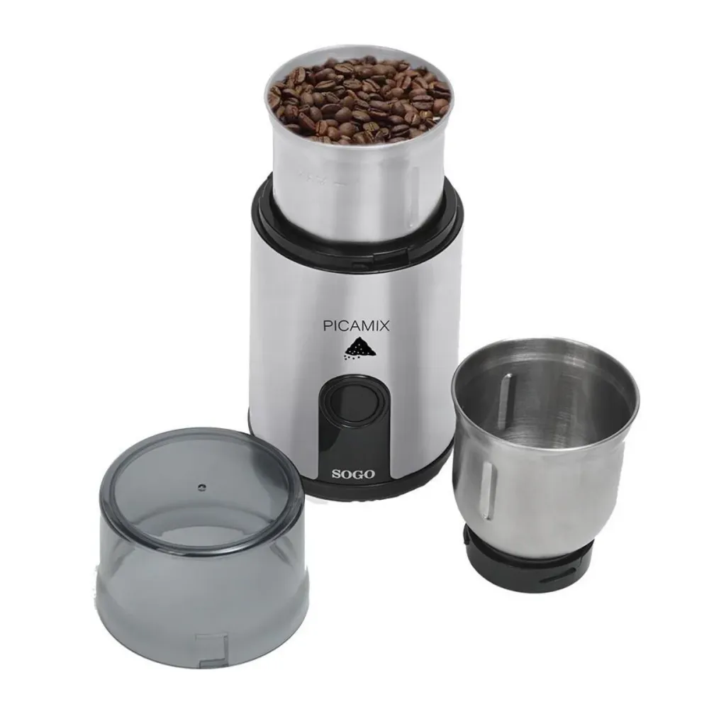 Macinacaffè e spezie elettrico 300W con 2 contenitori acciaio inossidabile da 100 g per uso umido e secco Sogo