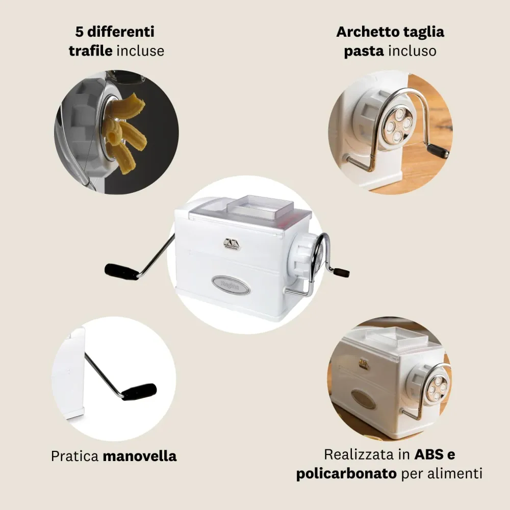 Marcato Macchina per la Pasta, Pasta Maker, Trafila per Pasta Fresca, Manuale, 5 Trafile Incluse, per Bucatini, Fusilli, M...