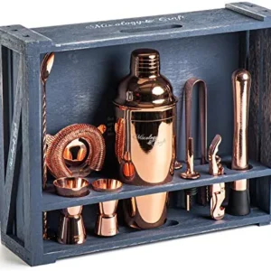 Set di utensili da bar con supporto legno rustico. Rame Mixology & Craft