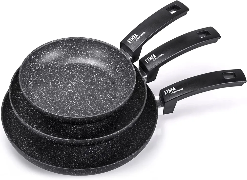 Moneta Etnea Set 3 Padelle antiaderenti, Alluminio, Nero, 20 - 24 - 28 cm, Made Italy