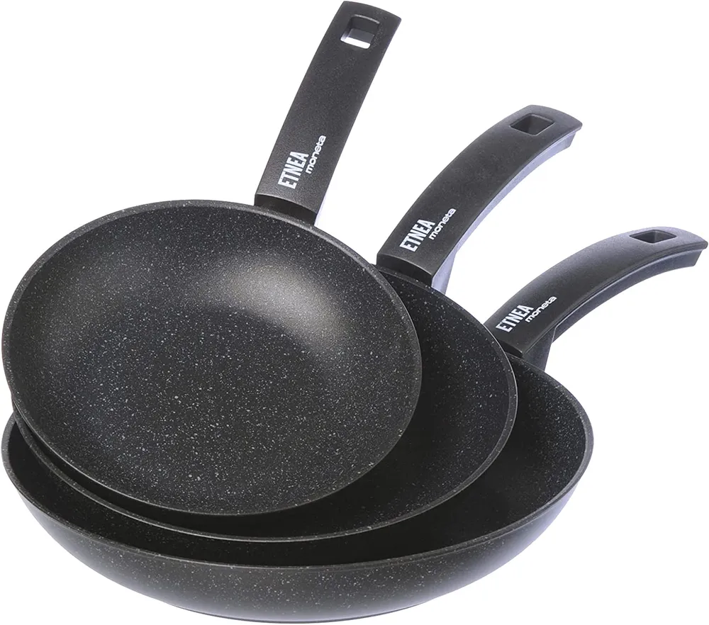 Moneta Etnea Set 3 Padelle antiaderenti, Alluminio, Nero, 20 - 24 - 28 cm, Made Italy