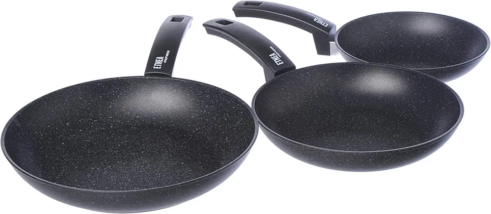 Moneta Etnea Set 3 Padelle antiaderenti, Alluminio, Nero, 20 - 24 - 28 cm, Made Italy