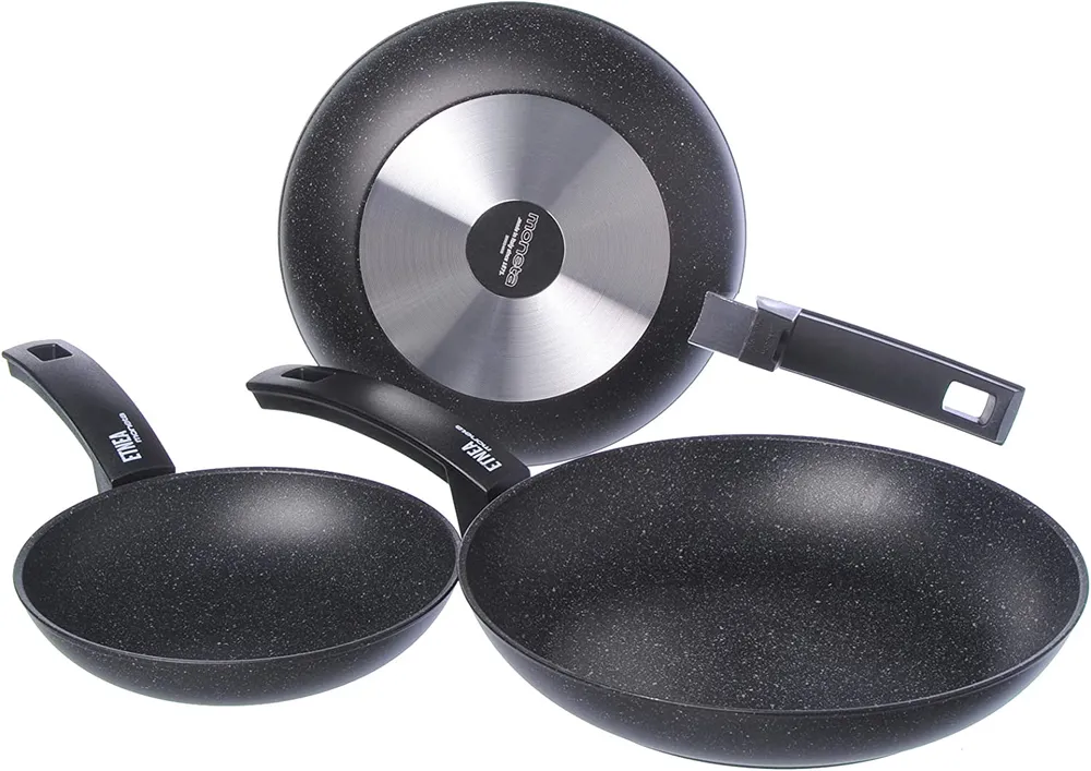 Moneta Etnea Set 3 Padelle antiaderenti, Alluminio, Nero, 20 - 24 - 28 cm, Made Italy