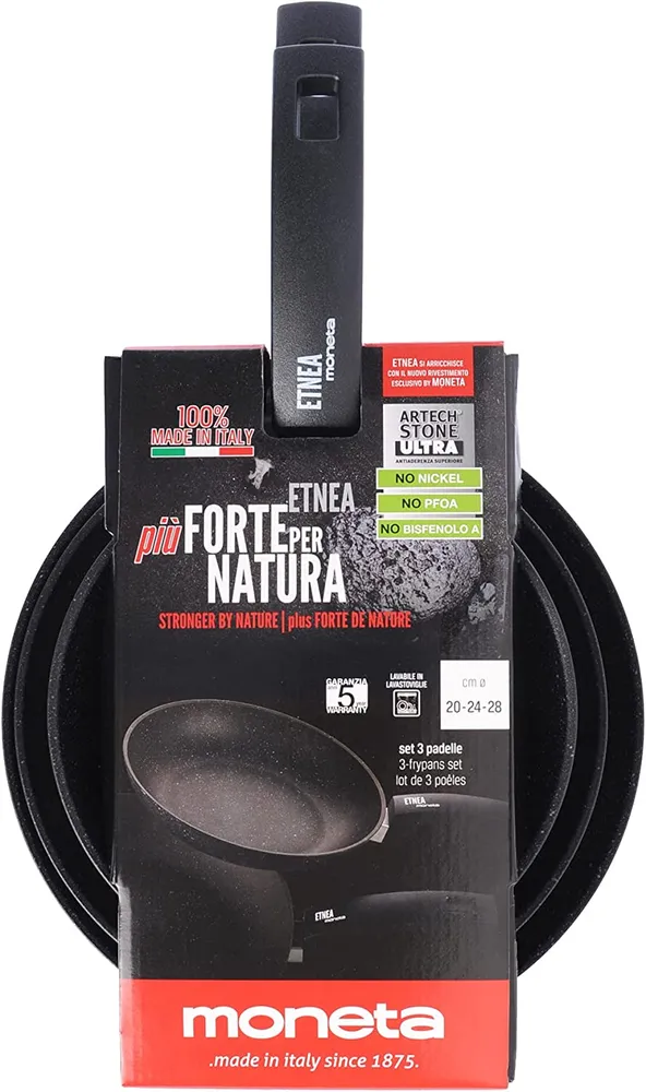 Moneta Etnea Set 3 Padelle antiaderenti, Alluminio, Nero, 20 - 24 - 28 cm, Made Italy