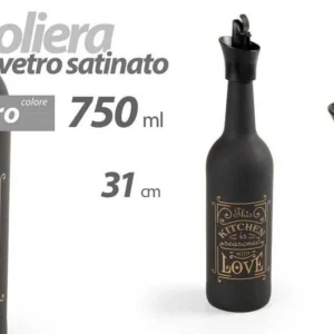 Oliera Bottiglia Vetro Satinato Nero Tappo Dosatore 750 Ml 31 Cm Decorata 833397