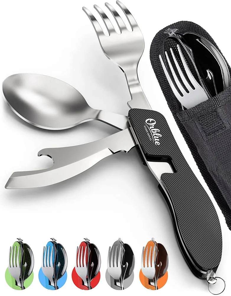 ORBLUE Utensili da campeggio 4--1 - Cucchiaio, forchetta e apriscatole/apribottiglie portatili acciaio inossidabile con cu...
