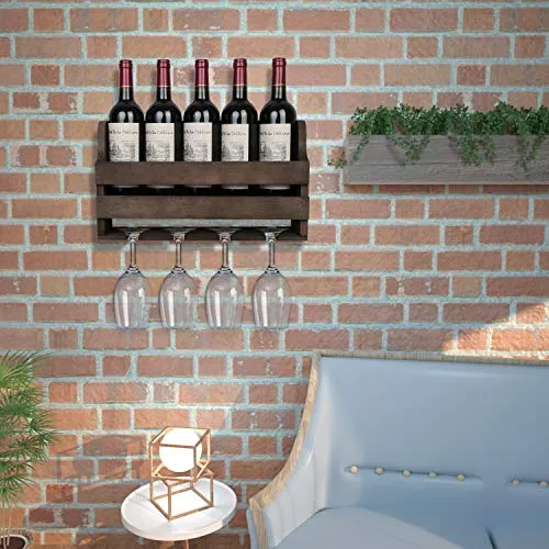 OROPY Portabottiglie Parete e Supporto Vetro, Scaffale di Esposizione di stoccaggio del Vino Legno Rustic, per Arredamento...