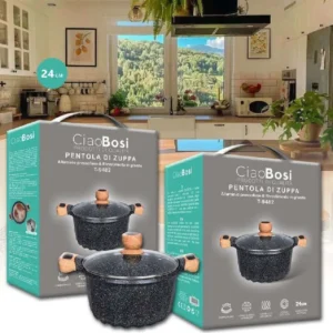 Pentola Tegame Per Zuppa Rivestito Granito Con Coperchio Vetro 24 Cm T-9482