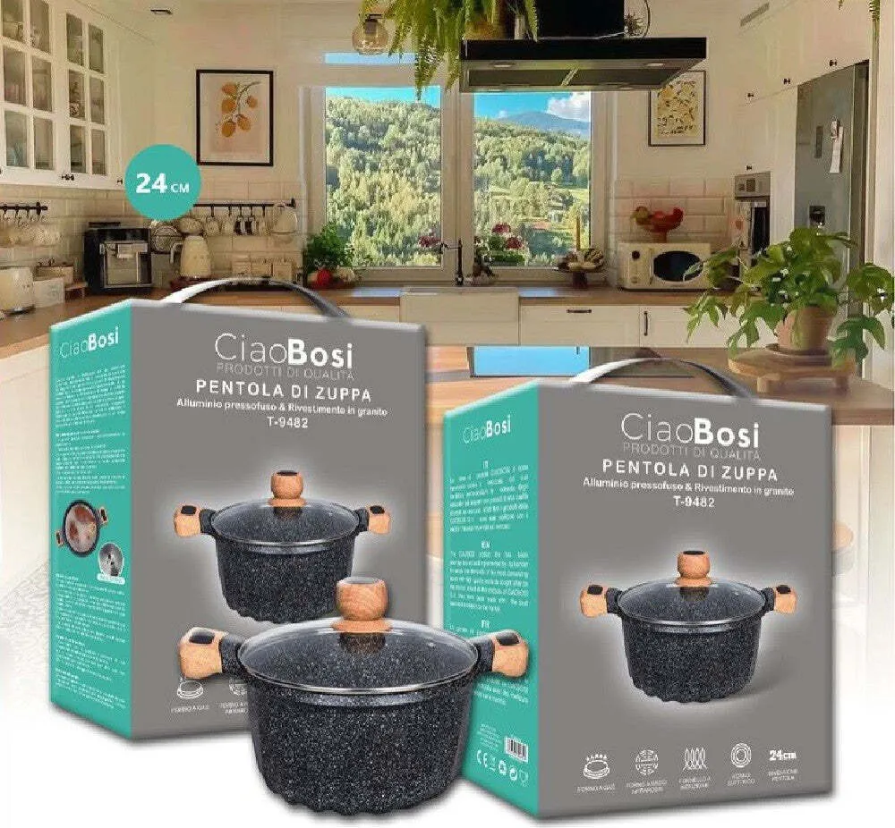 Pentola Tegame Per Zuppa Rivestito Granito Con Coperchio Vetro 24 Cm T-9482