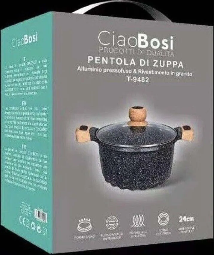Pentola Tegame Per Zuppa Rivestito Granito Con Coperchio Vetro 24 Cm T-9482