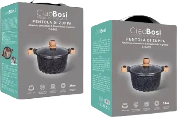 Pentola Tegame Per Zuppa Rivestito Granito Con Coperchio Vetro 24 Cm T-9482