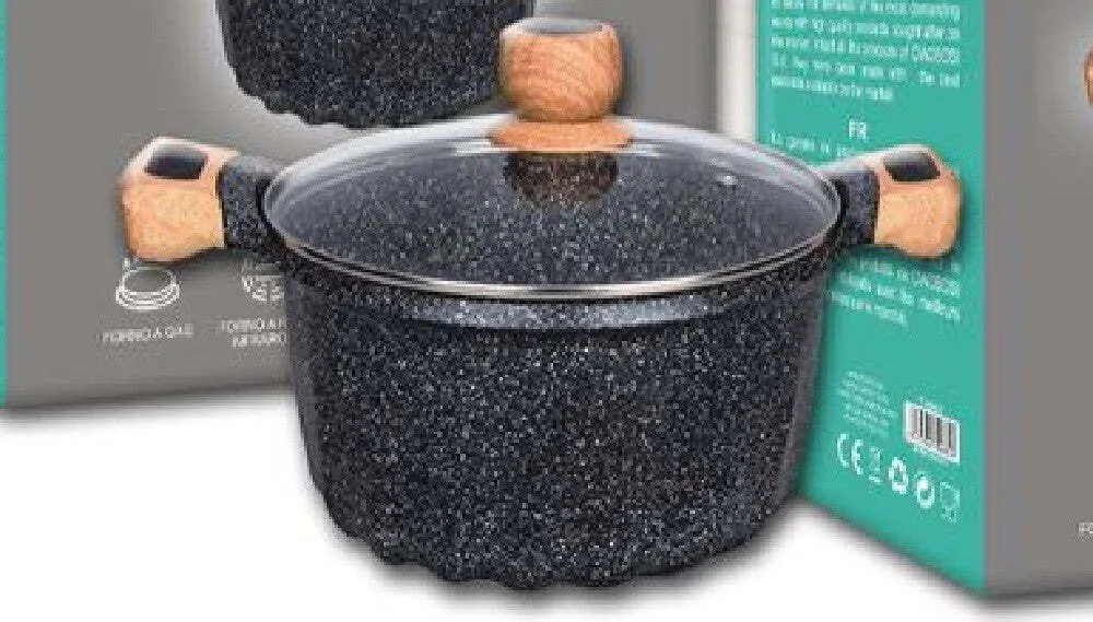 Pentola Tegame Per Zuppa Rivestito Granito Con Coperchio Vetro 24 Cm T-9482