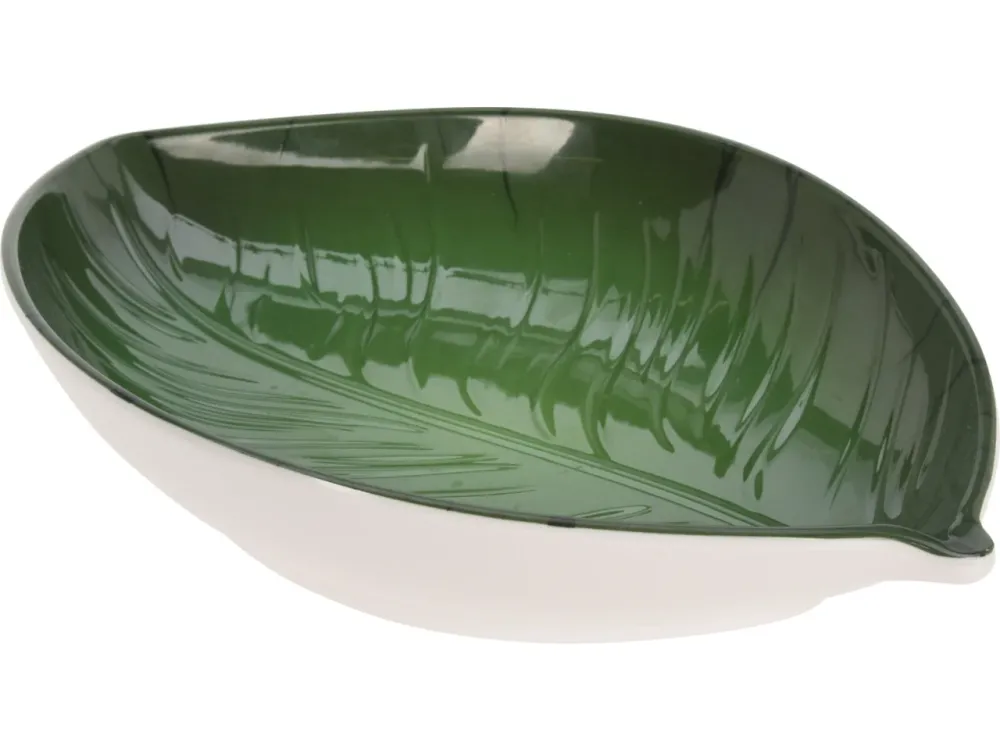 Piatto foglia melamina verde e bianco, 23x15 cm - stile jungle - Koopman