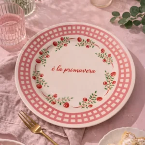 Piatto porcellana “È la primavera” – Ø 21 cm – Rosa, rosso e verde – Decoro floreale