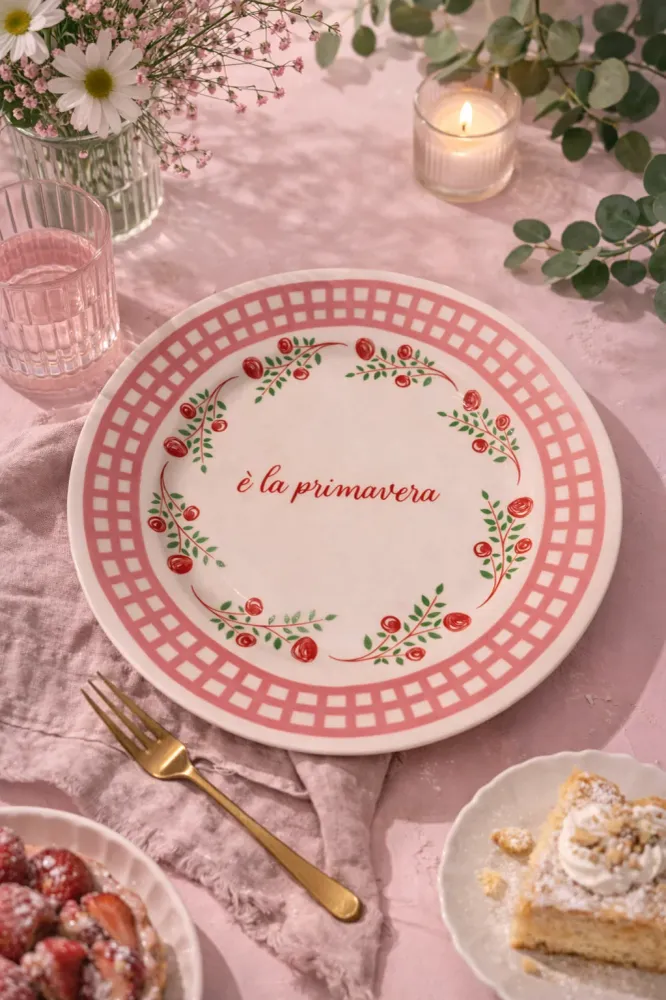 Piatto porcellana “È la primavera” – Ø 21 cm – Rosa, rosso e verde – Decoro floreale