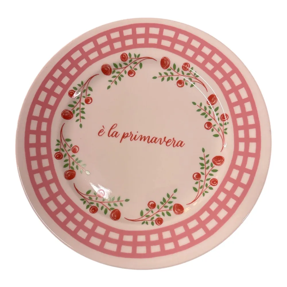 Piatto porcellana “È la primavera” – Ø 21 cm – Rosa, rosso e verde – Decoro floreale