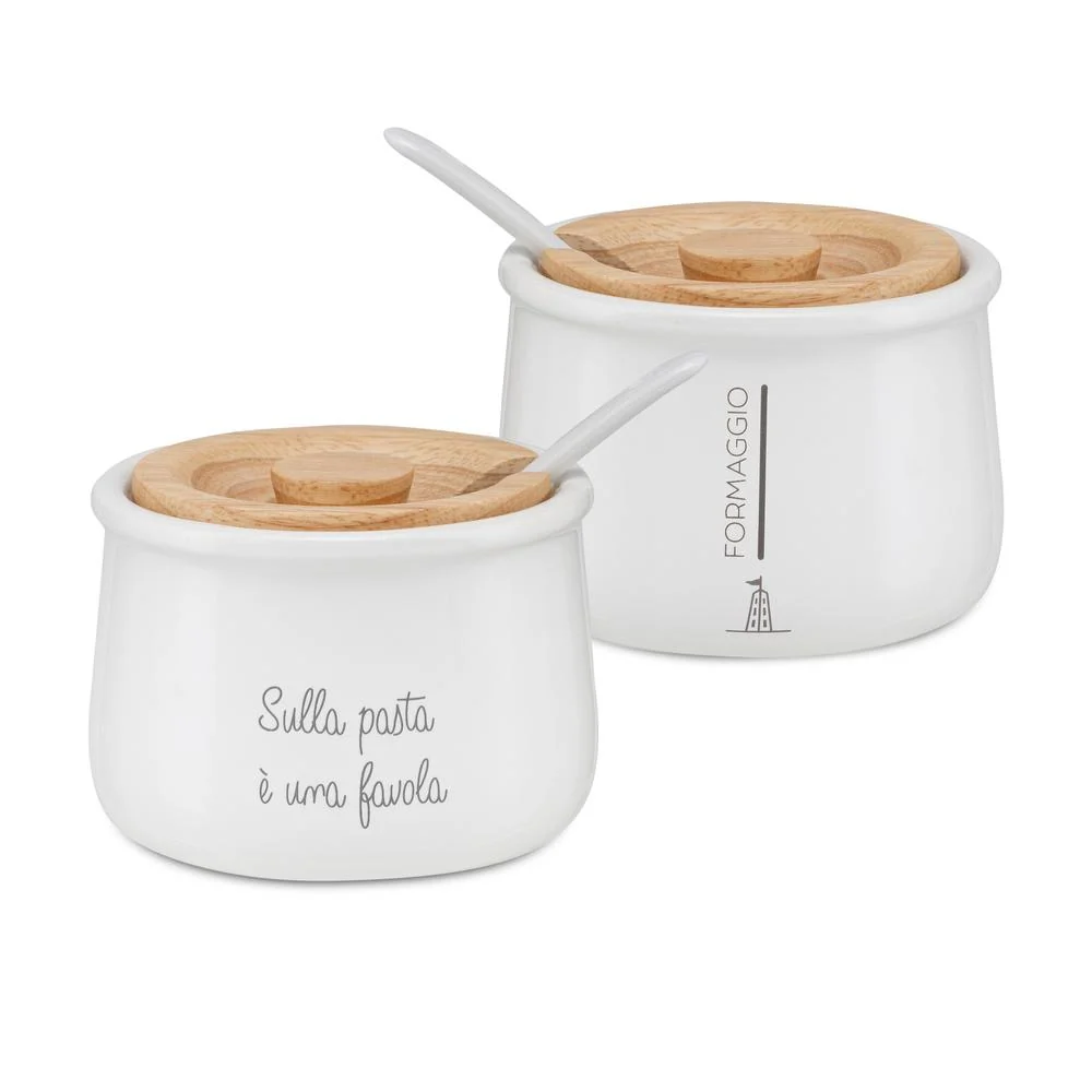 PORCELLANA BIANCA - Gli Onesti Portaformaggio Grattugiato Stoneware E Legno Di Quercia 200Ml