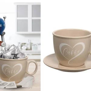 Portacapsule Shabby chic ceramica lucida tortora forma di maxi tazza con piatto, 23x16 cm - Giardini di marzo
