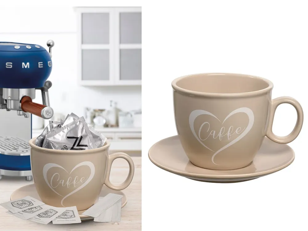 Portacapsule Shabby chic ceramica lucida tortora forma di maxi tazza con piatto, 23x16 cm - Giardini di marzo