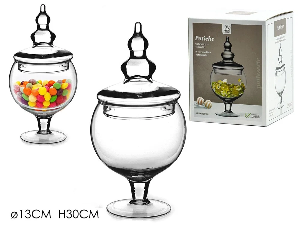 Potiche Vetro Cofanetto Con Coperchio ø13xh30cm Per Dolci Caramelle Oggetto Decorativo