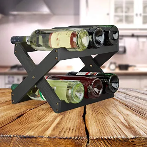 Relaxdays Porta bottiglie vino bambù forma di X 6 bottiglie cantinetta piccola pieghevole HLP 22x36x20 cm nero