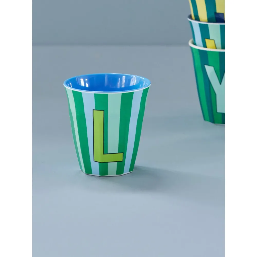 Rice Bicchiere Melamina con Iniziale L – Righe Blu e Verdi