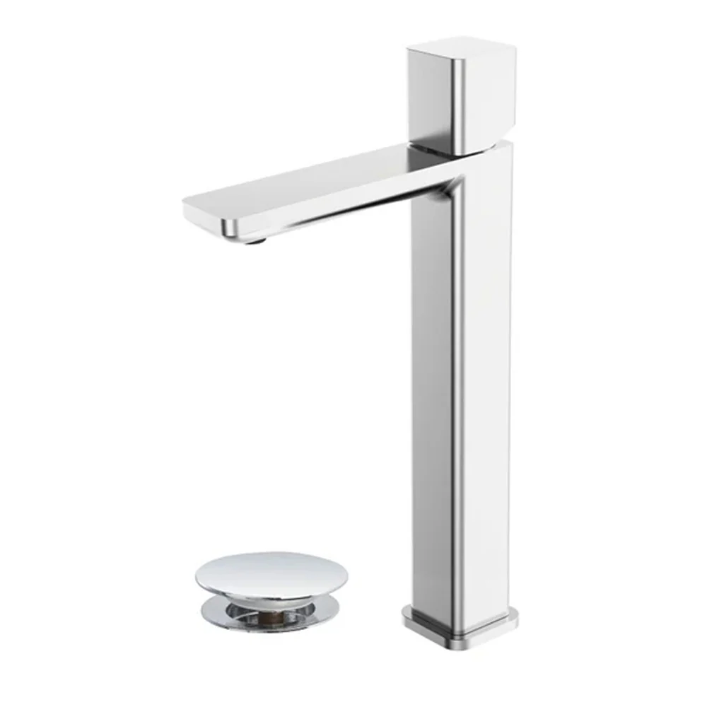 Rubinetto lavabo alto monocomando Collezione Lilium Modello Grey Rubiflux con piletta clic-clac - Finitura Nickel spazzolato