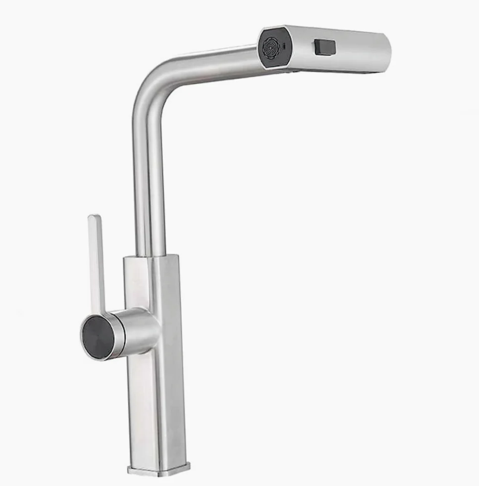 Rubinetto per cucina estraibile 2 getti con erogatore girevole, cromato lucido - design pratico e curato