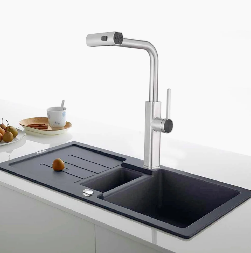 Rubinetto per cucina estraibile 2 getti con erogatore girevole, cromato lucido - design pratico e curato
