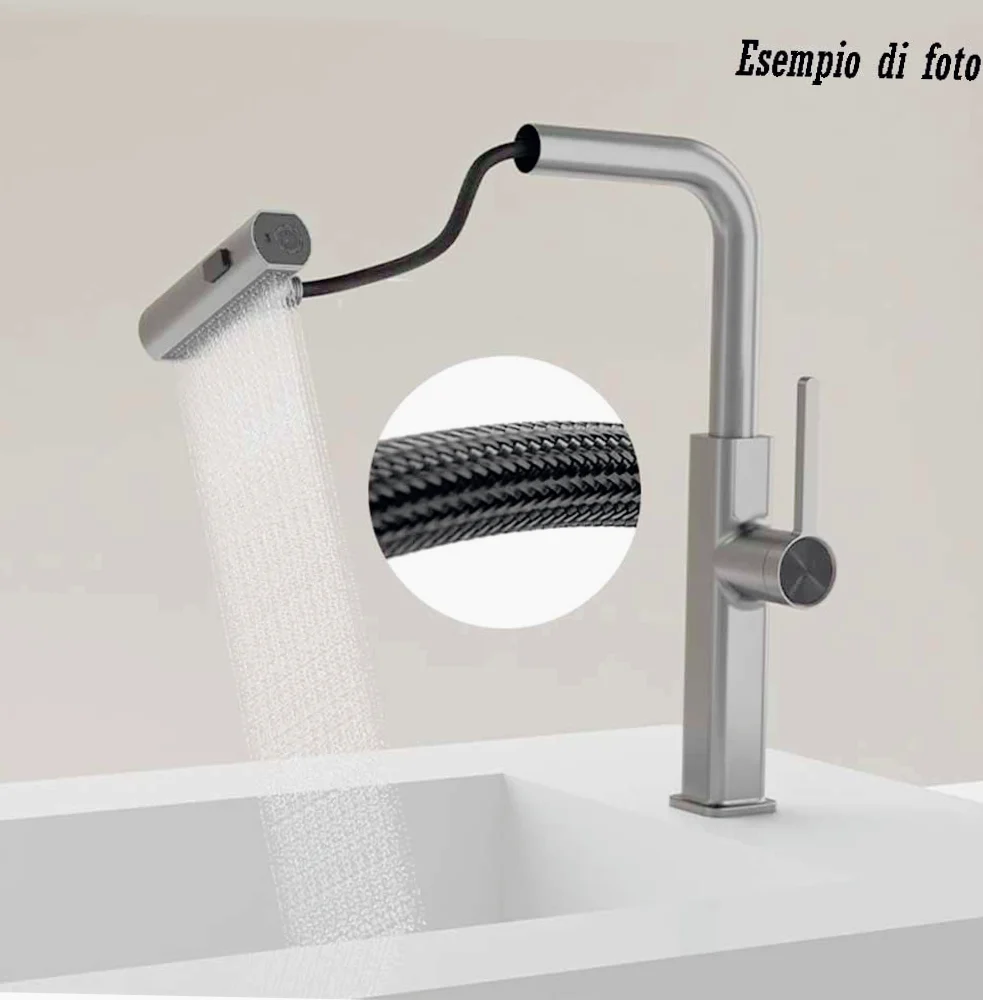 Rubinetto per cucina estraibile 2 getti con erogatore girevole, cromato lucido - design pratico e curato