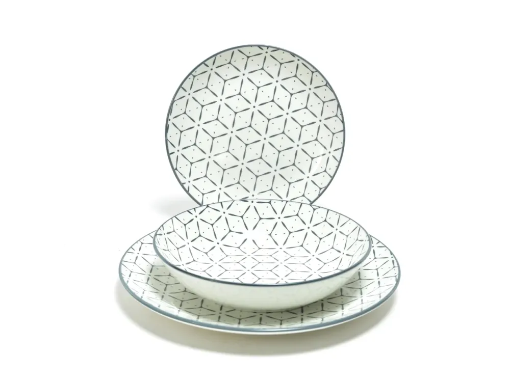 Servizio di Piatti Mercury Diana Porcellana Bianco e Blu, 18 Pezzi con Fantasia Geometrica Stile Mediterraneo - Piatti Ser...