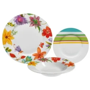 SERVIZIO PIATTI 18 PEZZI - DECORO FIORI E RIGHE